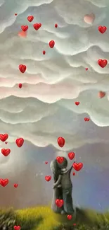 Romantic couple under cloudy sky with red floating hearts.