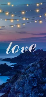 Romantic ocean view with string lights and 'love' text.