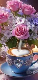 Romantic coffee with pink roses and candles wallpaper.