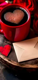Heart-shaped foam in coffee mug with roses and letter