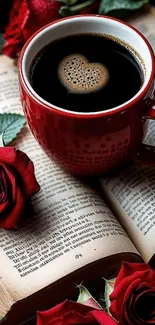 Romantic scene with coffee, roses, and book.