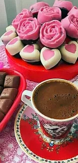 Romantic coffee and desserts with pink roses and heart chocolates.