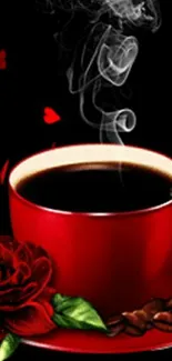 Red coffee cup with steam and roses on a black background.