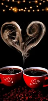 Two red coffee cups with heart-shaped steam art.