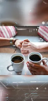 A couple holding hands with coffee cups, surrounded by a digital overlay.