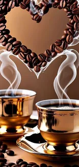 Heart-shaped coffee beans with gold cups.