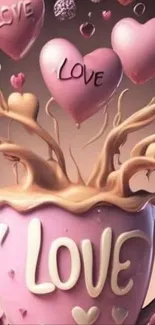 Love-themed wallpaper with hearts and a coffee cup.