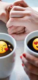 Romantic coffee cups with emojis and couples hands.