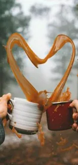 Romantic coffee splash forming heart in a misty forest setting.