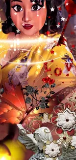 Romantic vintage collage with floral art and vibrant colors for mobile wallpaper.