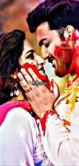 Romantic couple with colorful Holi powder on a vibrant mobile wallpaper.