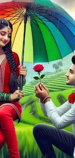 Romantic couple under colorful umbrella in green fields wallpaper.