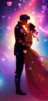 Romantic couple dancing in a colorful cosmic backdrop.