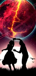 Couple dancing under a red planet in a cosmic backdrop.