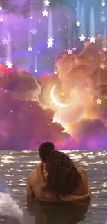 Romantic couple in cosmic purple dreamscape under moonlit night sky.