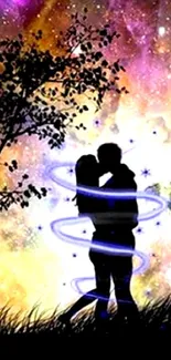 Silhouette of a couple kissing under a cosmic sky with swirling lights.