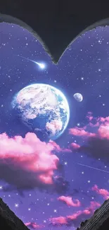 Dreamy cosmic heart with stars, pink clouds, and planets.