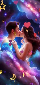 Romantic couple kissing in a colorful cosmic nebula background.