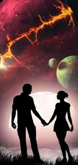 Romantic silhouette couple under vibrant cosmic sky with planets.