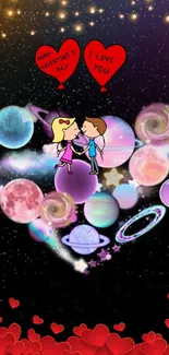 Valentine's themed wallpaper with cartoon couple and cosmic elements.