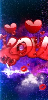 Red hearts with 'Love' text against a cosmic galaxy backdrop wallpaper.