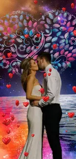 Romantic couple kissing under a colorful cosmic sky with heart design.