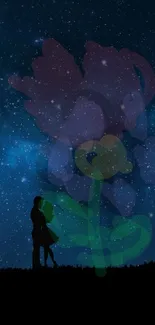 Silhouetted couple under a starry night sky on a mobile wallpaper.