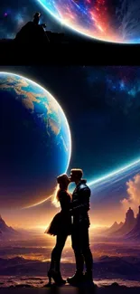 Couple embracing in a cosmic setting with planets and vibrant colors.