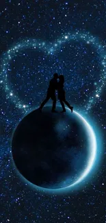 Silhouetted couple on glowing planet with heart-shaped starry sky.