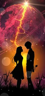 Silhouette of a couple with a fiery planet and starry sky in the background.