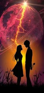 Silhouette of couple beneath a luminous crimson planet.