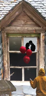 Romantic rustic window with red balloons.