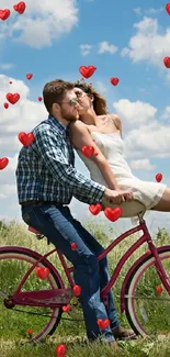 Couple on pink bike under a blue sky.