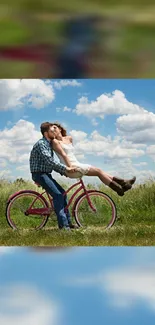 Romantic couple riding a pink bicycle in the countryside under a blue sky.