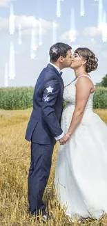 Romantic couple in a field with haybales, perfect for a wedding wallpaper.