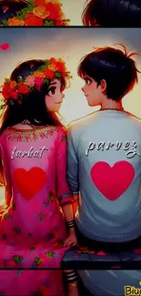 Romantic couple animated wallpaper with vibrant colors and heart design.