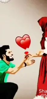 Animated couple in a proposal scene with heart.