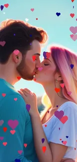 Romantic couple kissing at sunset with a colorful sky as the backdrop.