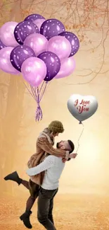 Romantic couple with balloons in autumn forest wallpaper.