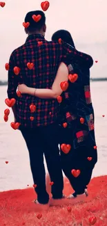 Romantic couple embraces by lake with floating red hearts.