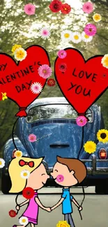 Romantic couple cartoon with heart balloons in forest by vintage car.