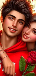 Romantic couple with red rose digital art wallpaper.