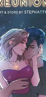 Illustrated couple embracing under a starry sky with vibrant colors.