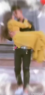 Blurred image of a couple in a romantic embrace with a yellow dress focus.