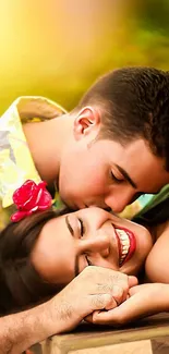 Romantic couple embracing with vibrant colors and smiling.