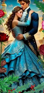 Romantic couple in blue dress with floral elements in a fantasy setting.