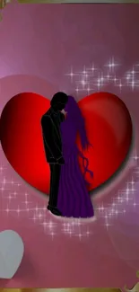 Silhouette couple with red heart and sparkling background.