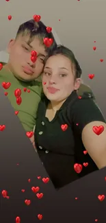 Couple surrounded by red hearts on wallpaper.