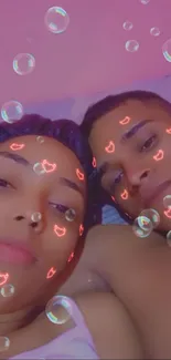 Romantic couple with bubble and heart filter.