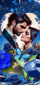 Dreamy couple with blue roses and butterflies in a romantic fantasy scene.